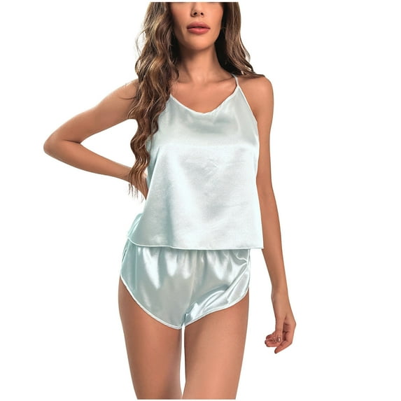 Jalioing Satin 2 Piece Pajama Sets for Women Silk Pajamas Set Sleeveless Cami Top with Shorts Sleepwear