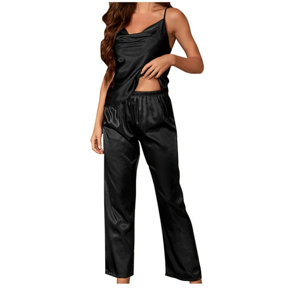 Jalioing Satin Loungewear Set Womens Cowl Neck Camisole with Sleepwear Pant 2 Piece Pajamas Outfits