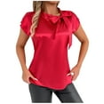 thumbnail image 1 of Jalioing Satin Shirt Women's Short Sleeve Bowtie Neck Silk Blouses Flowy Casual Dressy Tunic Tops Trendy Outfits, 1 of 6