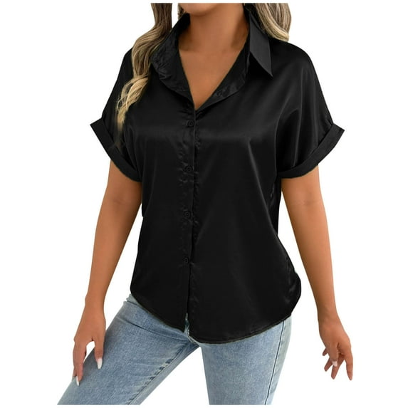 Jalioing Satin Shirt for Women Casual Dressy Button Down Short Sleeve Collared Shirt Summer Business Work Tops