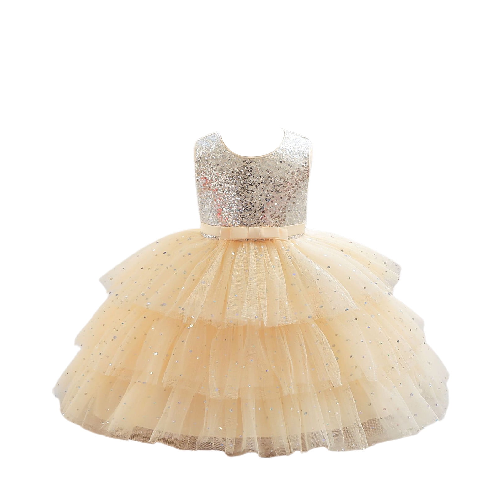 Jalioing Sequin Princess Dress for Baby Girl Bow Sleeveless Layered