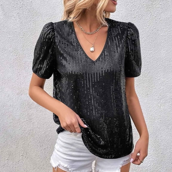 Jalioing Sequin Short Sleeve Blouse for Women Loose Sparkly Shirt V-Neck Summer Casual Pullover Top (X-Large, Black)