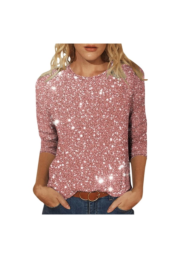 Sequin Tops for Women 3/4 Sleeve Crew Neck Sparkly T Shirt Loose Fashion Party Club Dressy Shirt S-3XL