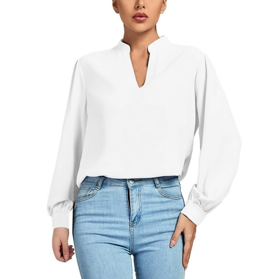 Jalioing Shirt Top for Women Spring Long Sleeve Blouse Solid Color V-Neck Dressy Ladies Outfits (Large, White)
