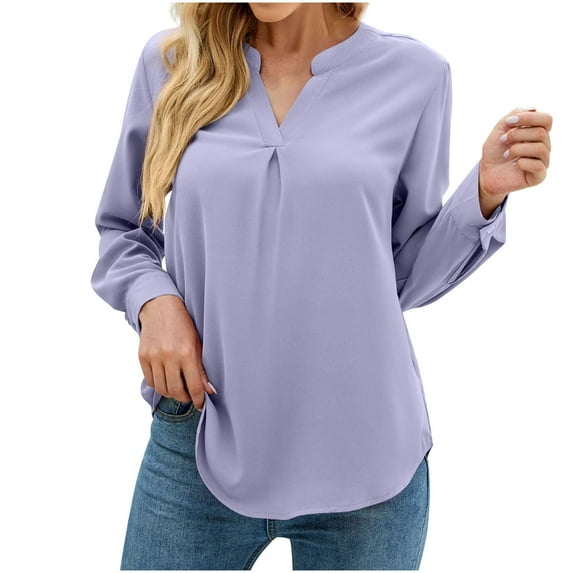 Jalioing Shirt Top for Women Spring Long Sleeve Blouse Solid Color V-Neck Dressy Ladies Outfits (Medium, Purple)