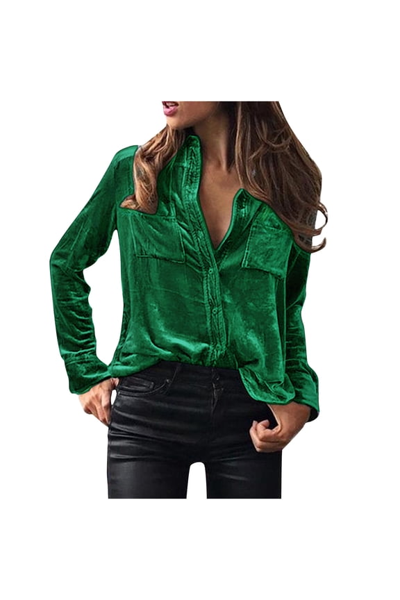 Shirts for Women Velour Lapel Single-Breasted Solid Color Long Sleeve Soft Comfy Tops (Small, Green)