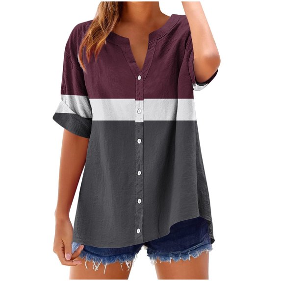 Jalioing Short Sleeve Button Down Shirt for Women V Neck Color Block Casual Blouses Trendy Summer Beach Tops