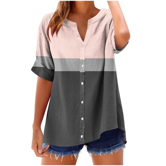 Jalioing Short Sleeve Button Down Shirt for Women V Neck Color Block Casual Blouses Trendy Summer Beach Tops