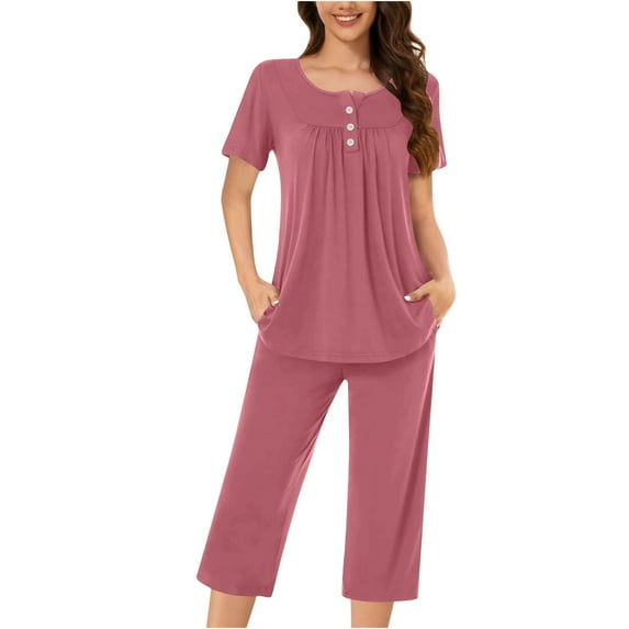 Jalioing Short Sleeve Pajama Set for Women 2 Piece Pleated Crew Neck Top and Capris Set Comfy Lounge Set with Pocket