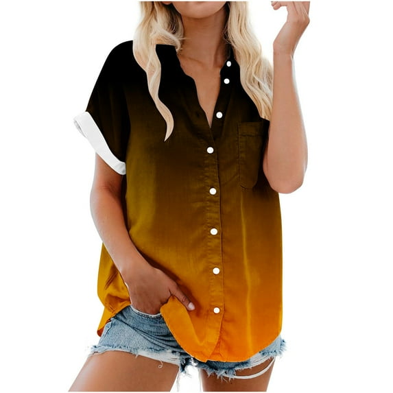 Jalioing Short Sleeve Shirt for Women Plus Size Tshirt Gradient Color Button down Lapel Casual Shirts