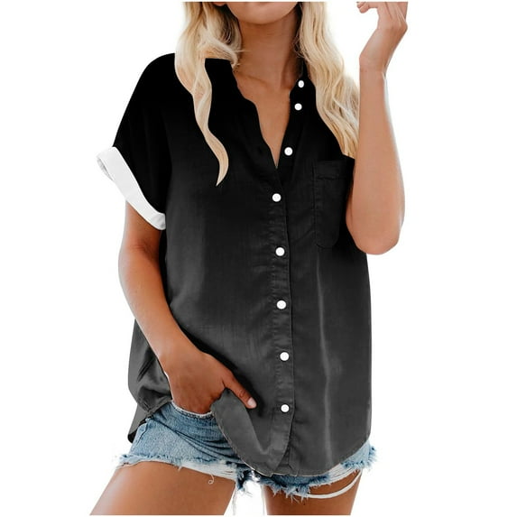 Jalioing Short Sleeve Shirt for Women Plus Size Tshirt Gradient Color Button down Lapel Casual Shirts