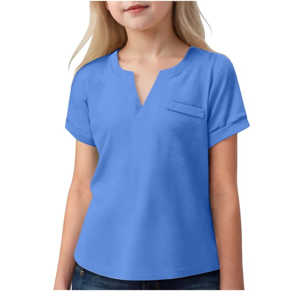 Jalioing Short Sleeve Shirts for Girls V Neck Basic Summer Tee Shirts Toddler Kids Fashion Casual T Shirt