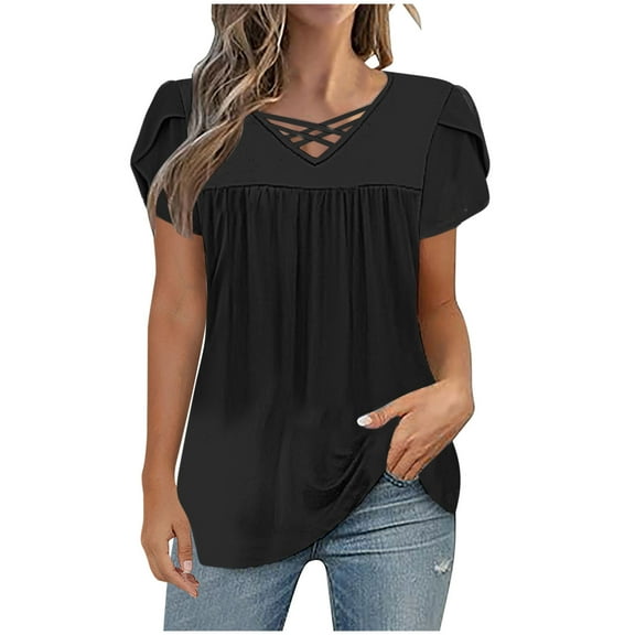 Jalioing Short Sleeve Shirts for Women Pleated Cross V Neck Trendy Tops Flowy Loose Summer Tunic Blouses