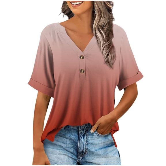 Jalioing Short Sleeve Summer Tops for Women V Neck Button Fashion Shirts Casual Loose Vacation Outfits