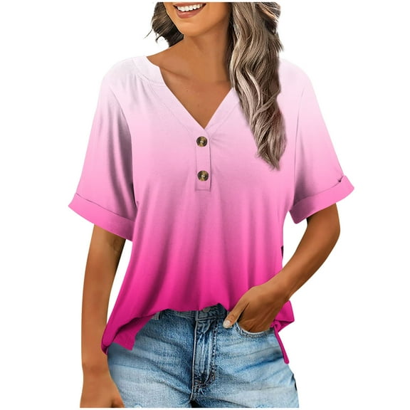 Jalioing Short Sleeve Summer Tops for Women V Neck Button Fashion Shirts Casual Loose Vacation Outfits