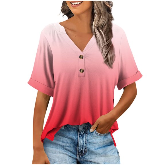 Jalioing Short Sleeve Summer Tops for Women V Neck Button Fashion Shirts Casual Loose Vacation Outfits