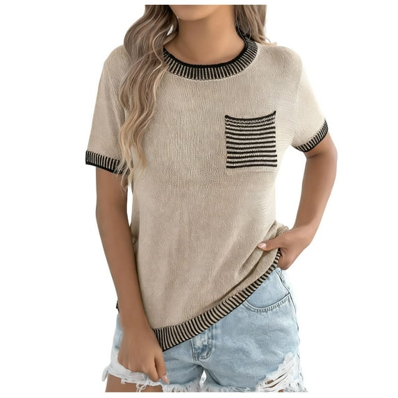Jalioing Short Sleeve Sweaters for Women Fashion Color Block Crew Neck Sweater Tops Spring Casual Knitted Shirts