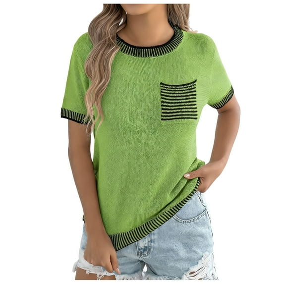 Jalioing Short Sleeve Sweaters for Women Fashion Color Block Crew Neck Sweater Tops Spring Casual Knitted Shirts