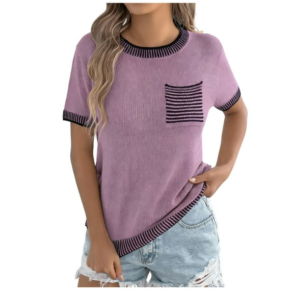 Jalioing Short Sleeve Sweaters for Women Fashion Color Block Crew Neck Sweater Tops Spring Casual Knitted Shirts
