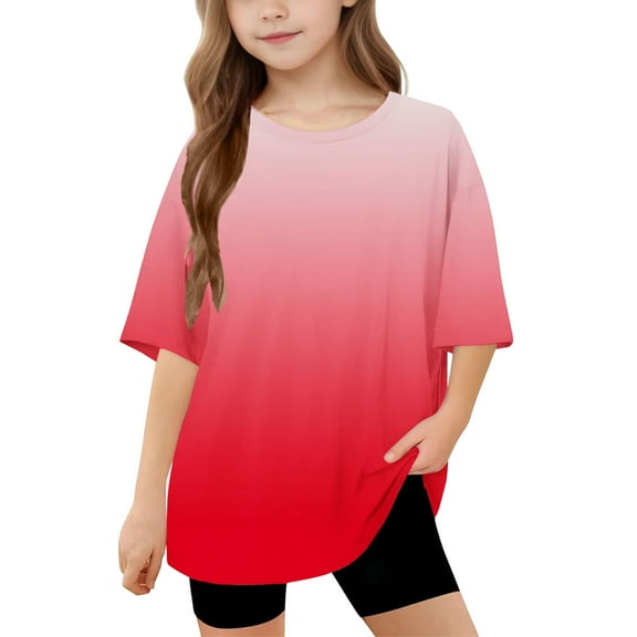 Jalioing Short Sleeve T Shirt for Girls Crew Neck Short Sleeve Casual Loose Shirts Gradient Summer Basic Tops
