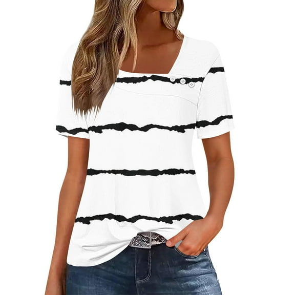 Jalioing Short Sleeve Tops for Women V Neck Loose Button Shirts Fashion Trendy Loose Tunic Tops Summer Clothes