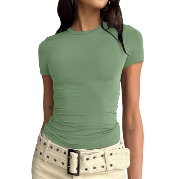 Jalioing Short Sleeve Undershirt Top for Women Crew Neck T-Shirt Summer Solid Color Stretch Slim Casual Tees (3X-Large, Army Green)