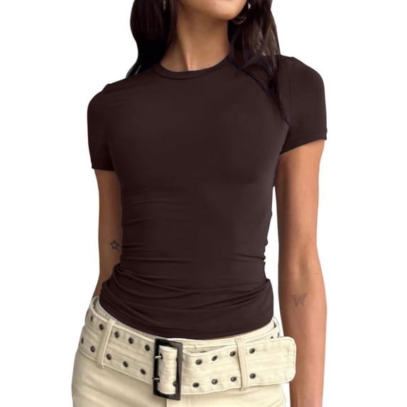 Jalioing Short Sleeve Undershirt Top for Women Crew Neck T-Shirt Summer Solid Color Stretch Slim Casual Tees (5X-Large, Coffee)