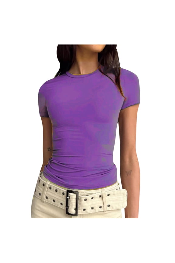 Short Sleeve Undershirt Top for Women Crew Neck T-Shirt Summer Solid Color Stretch Slim Casual Tees (Small, Purple)