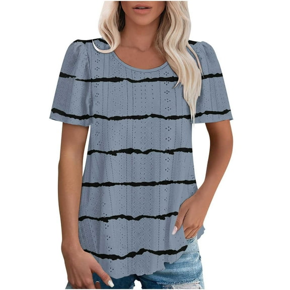 Jalioing Short Sleeve Womens Shirts Crew Neck Hollow Out Striped Blouses S-3XL Summer Casual Tunic Tops Clothes