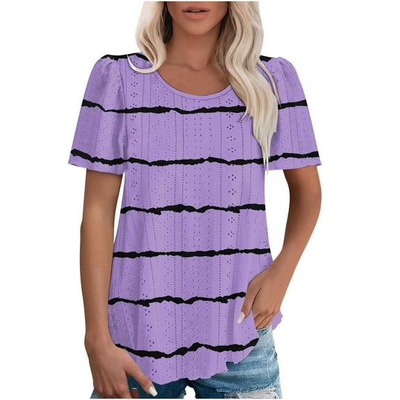 Jalioing Short Sleeve Womens Shirts Crew Neck Hollow Out Striped Blouses S-3XL Summer Casual Tunic Tops Clothes