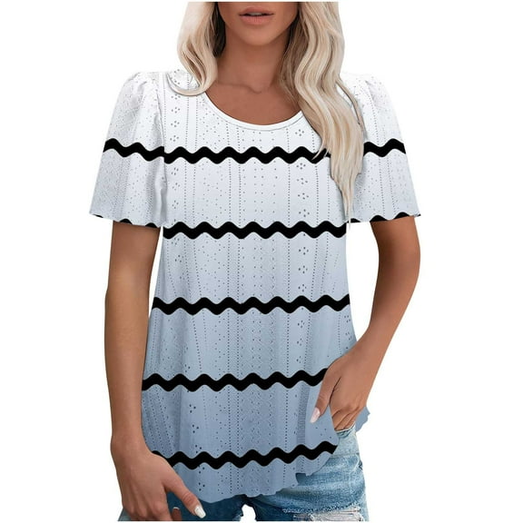 Jalioing Short Sleeve Womens Shirts Crew Neck Hollow Out Striped Blouses S-3XL Summer Casual Tunic Tops Clothes