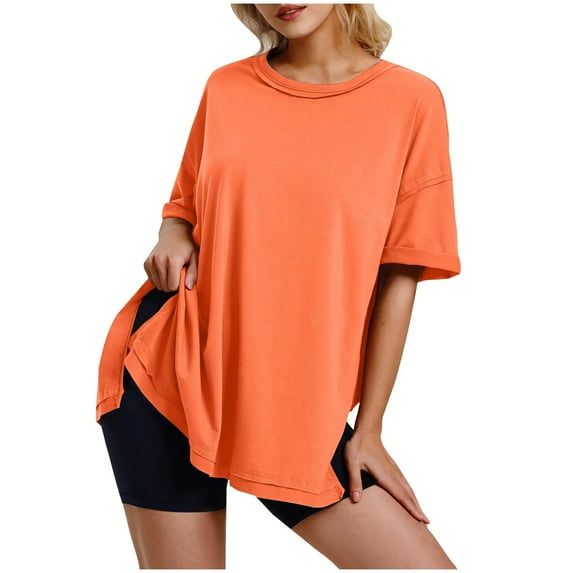 Jalioing Short Sleeve Womens T Shirt Short Sleeve Crew Neck Oversized Tee Casual Loose Solid Color Shirts Tops