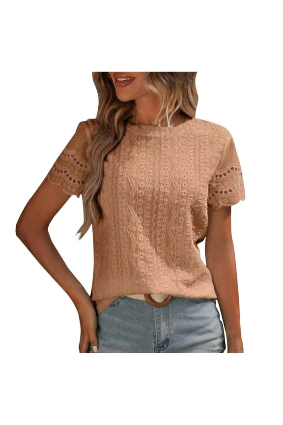 Short Sleeve Womens Tops Dressy Casual Eyelet Crew Neck Fashion Summer Shirts Trendy Loose Tunic Blouses