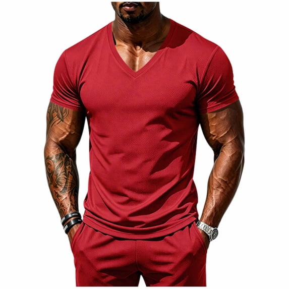 Jalioing Short Sleeve Workout Tops for Men Breathable Quick Dry Muscle Tee Solid Color V Neck Summer Casual Sport Shirt