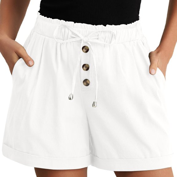 Jalioing Shorts for Women Summer Loose Drawstring Waist Button Shorts Wide Leg Casual Vacation Shorts with Pocket