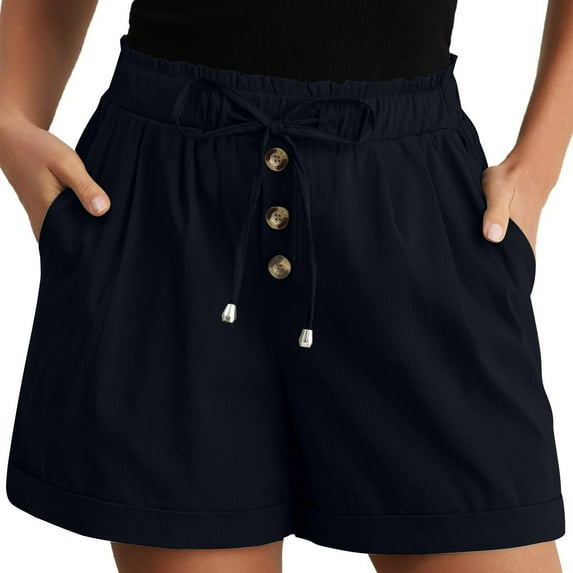 Jalioing Shorts for Women Summer Loose Drawstring Waist Button Shorts Wide Leg Casual Vacation Shorts with Pocket
