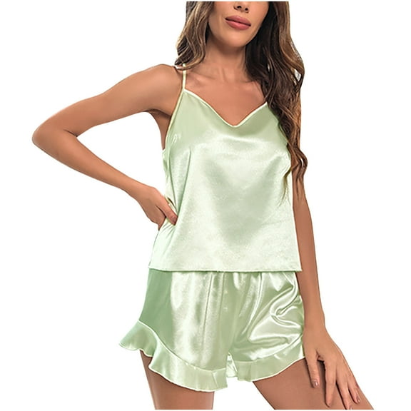 Jalioing Silk Lounge Set for Women Sleeveless Camisole Tops and Shorts Pajama Set 2 Piece Satin Sleepwear
