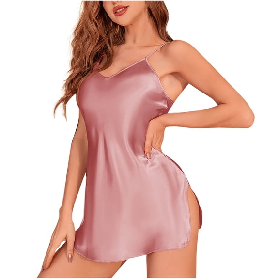 Jalioing Silk Night Dress for Women Spaghetti Strap Sleeveless Satin Camisole Pajama Dress Side Slit Nightgown