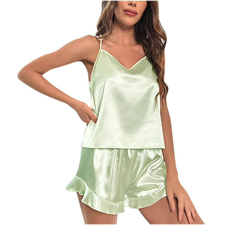 Jalioing Silk Pajamas Set for Women Satin Pjs Sets Spaghetti Strap Cami Top  with Ruffle Hem Shorts Nightwear