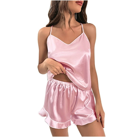 Jalioing Silk Pajamas Set for Women Satin Pjs Sets Spaghetti Strap Cami Top with Ruffle Hem Shorts Nightwear