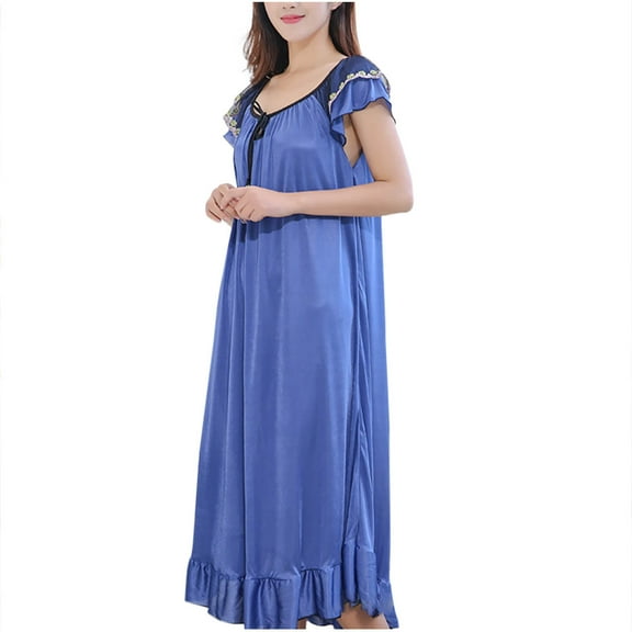 Jalioing Silky Pajama Dress for Women Flare Scoop Neck Cap Sleeve Long Sleep Dress Comfy Satin Nightgown Sleepwear
