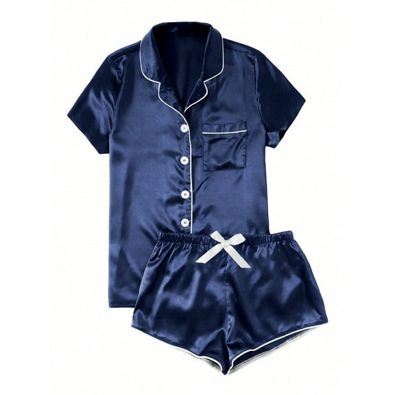 Jalioing Sleepwear Set for Women Satin Short Sleeve Button Shirt with Cozy Bow Shorts Cute Comfy Pajama Suits (Small, Dark Blue)
