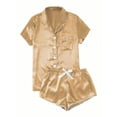 thumbnail image 1 of Jalioing Sleepwear Set for Women Satin Short Sleeve Button Shirt with Cozy Bow Shorts Cute Comfy Pajama Suits (Small, Gold), 1 of 3