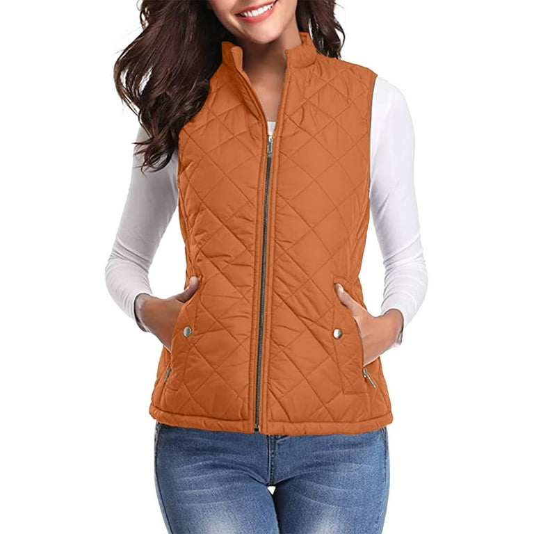 Jalioing Sleeveless Cotton Jackets for Women Stand up Collar Solid Color Zipper Pockets Thermal Coats Medium Orange