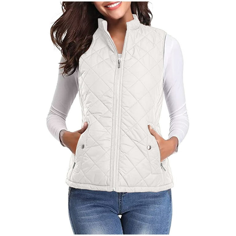 Jalioing Sleeveless Cotton Jackets for Women Stand up Collar Solid Color Zipper Pockets Thermal Coats XX Large White Walmart