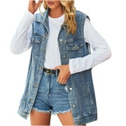 Jalioing Sleeveless Vests for Women Lapel Denim Single Breasted Pocket Vintage Trendy Outerwear (X-Large, Blue)