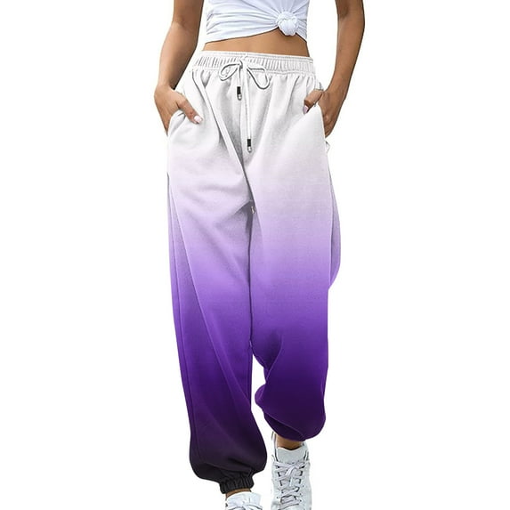 Jalioing Sportpants for Women Sweatpants Elastic Drawstring High Waist Gradient Color Fashion Pocket Pants (Medium, Purple)