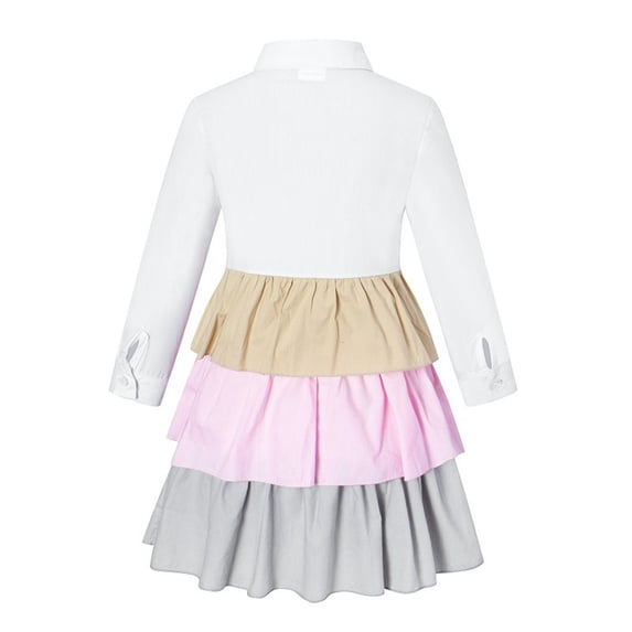 Jalioing Spring Shirt Sundress for Kids Girl Long Sleeve Layered Dress Lapel Button down Ruffle Dresses (6-7 Years, White)