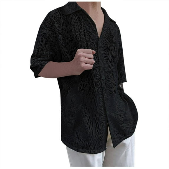 Jalioing Spring Summer Shirt for Men Lace Short Sleeve T-Shirt Lapel Button down Solid Color Dressy Top (Medium, Black)