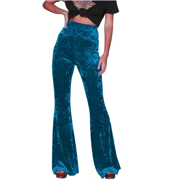 Jalioing Spring Women's Velour Flared Pant High Waisted Wide Leg Trouser Solid Color Bootcut Pants (X-Large, Light Blue)